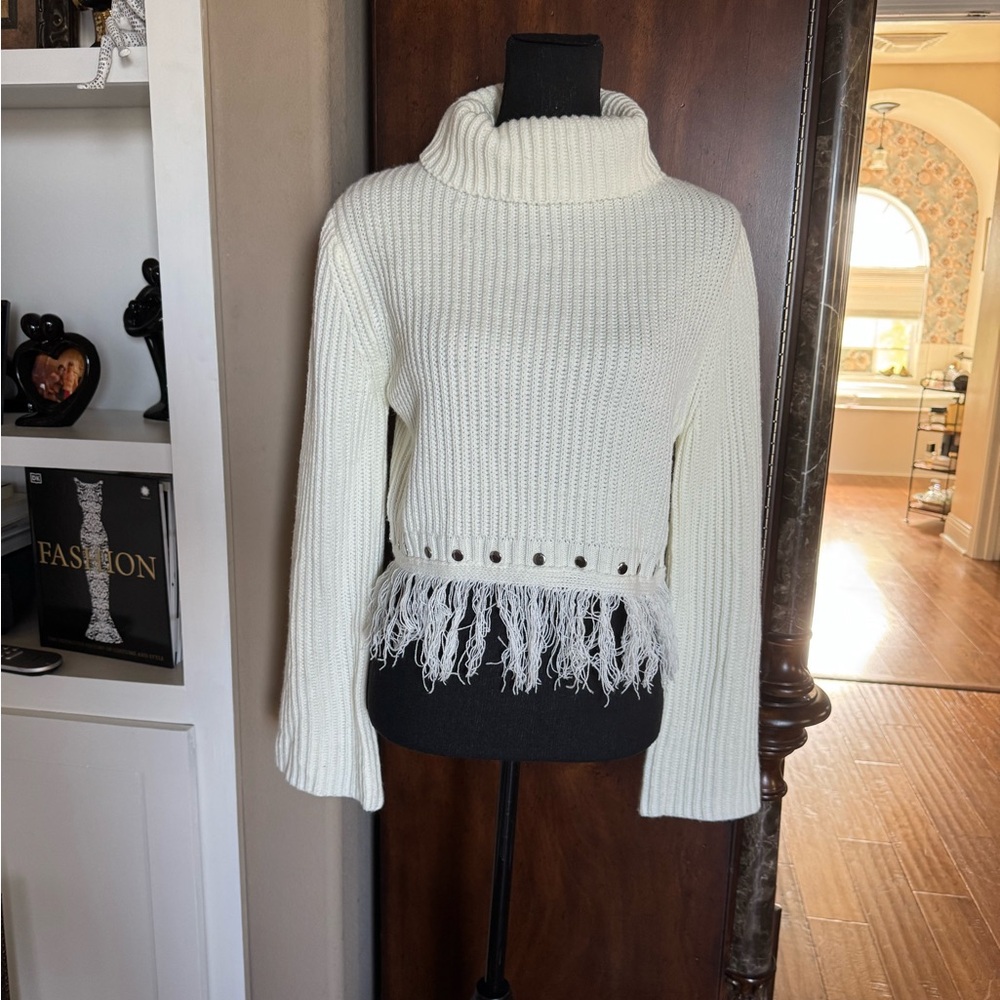 Lulus Ivory Ribbed Knit‎ Fringe Sweater